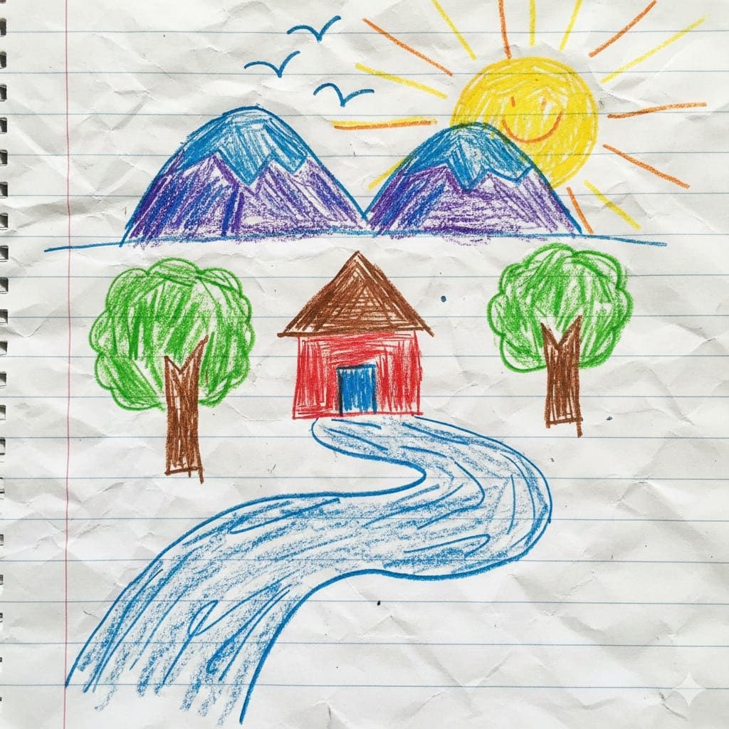 孩子画的山、太阳、河流和小屋——印度童年的普遍画作